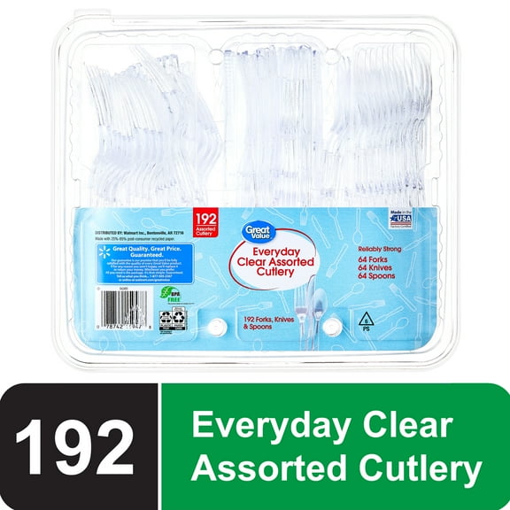 Great Value Plastic Everyday Clear Assorted Cutlery, 192 Count