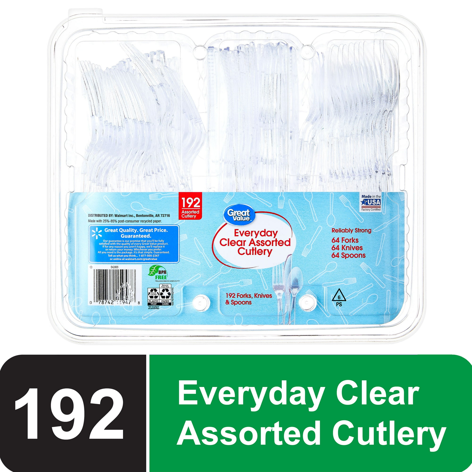 Great Value Clear Plastic Assorted Cutlery, 192 Count