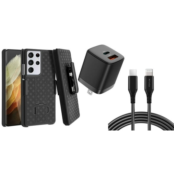 Belt Clip Case and Fast Home Charger Combo for Samsung Galaxy S21 Ultra - Swivel Holster PD Fast Charger Cord 6ft Long USB-C Cable Kickstand Cover 2-Port Quick Charge