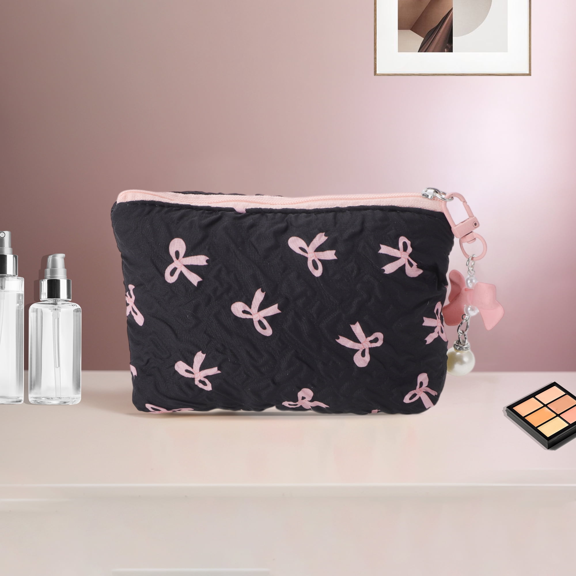 Unique Bargains 1 Pc Dumpling Bag With Pendant Bow Makeup Bag Black, Pink