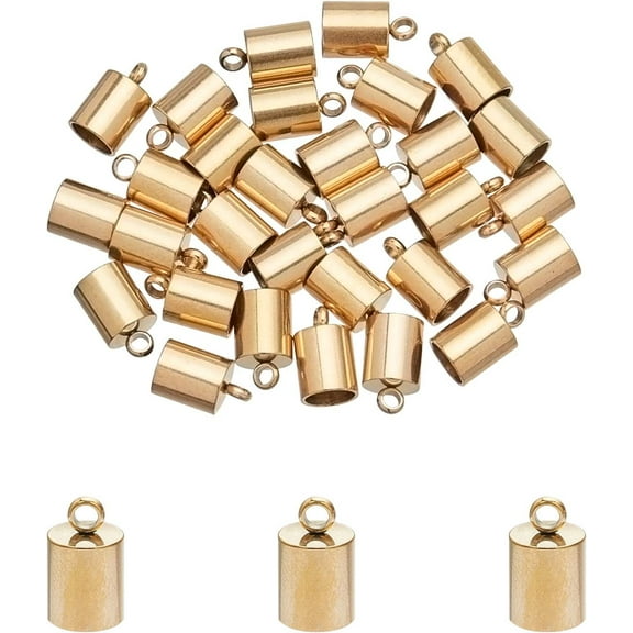 30pcs Golden Barrel End Caps Stainless Steel Cord Ends 5mm Inner Diameter Smooth End Caps Terminators Cord Finding for Leather Cord Bracelets Jewelry Making