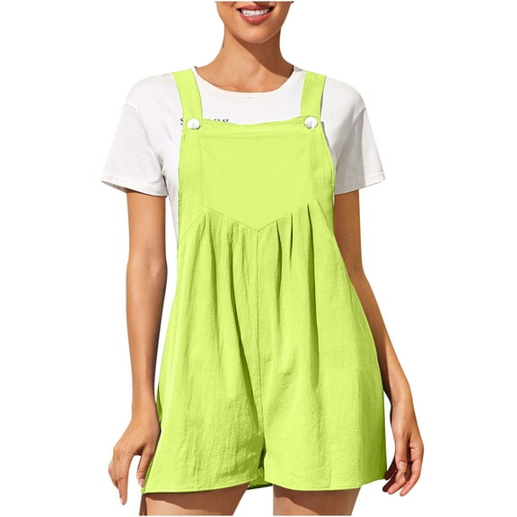 Babysbule Womens Casual Solid Color Jumpsuit Shoulder Button Suspender Jumpsuits Wide Pocket Leg Shorts Pants