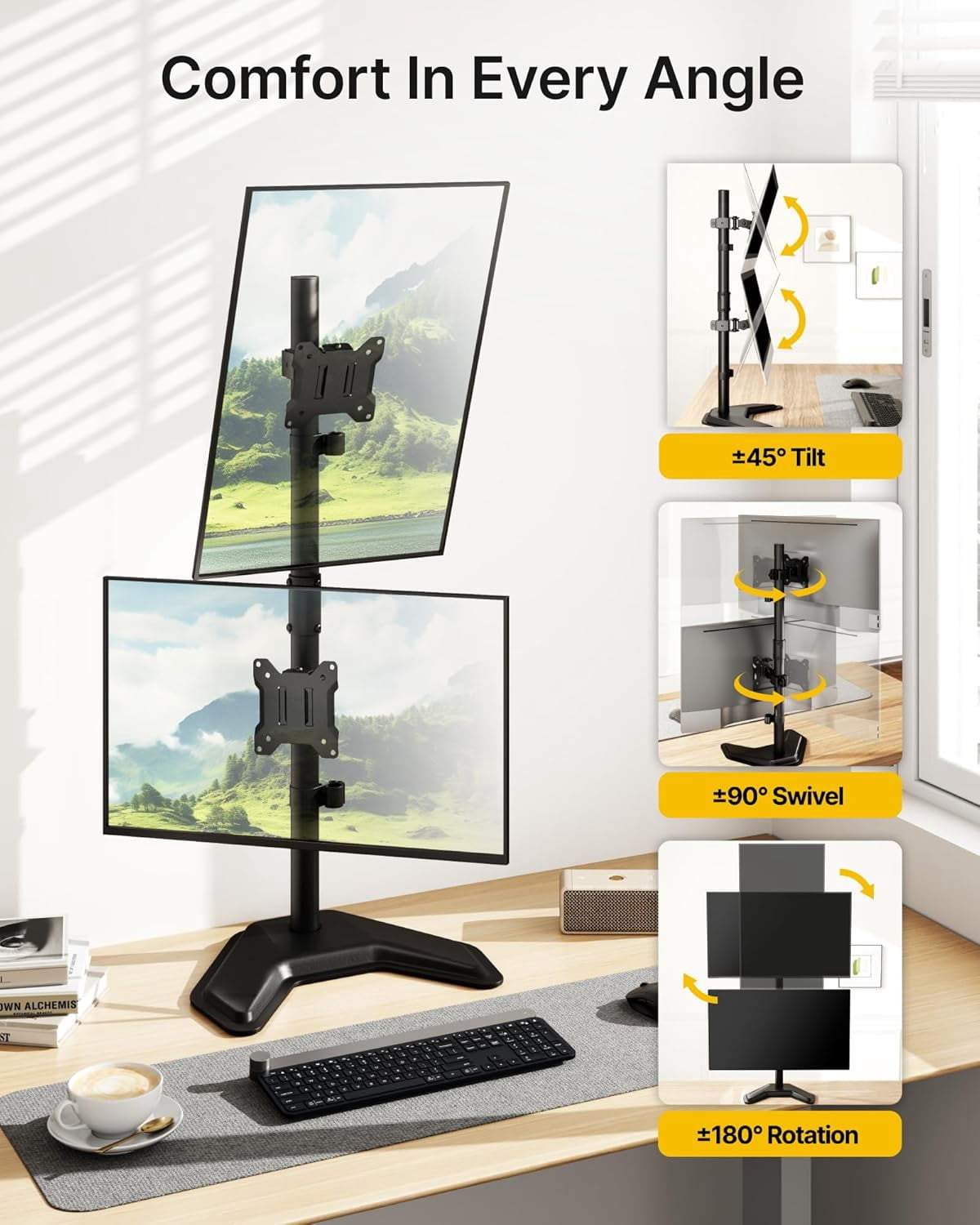 monTEK Vertical Dual Monitor Stand for 17-32 Inch Screens, Freestanding Stacked Monitor Mount with Full Motion Tilt, Swivel & Rotation, Holds up to 22 lbs per Arm, VESA 75x75/100x100mm