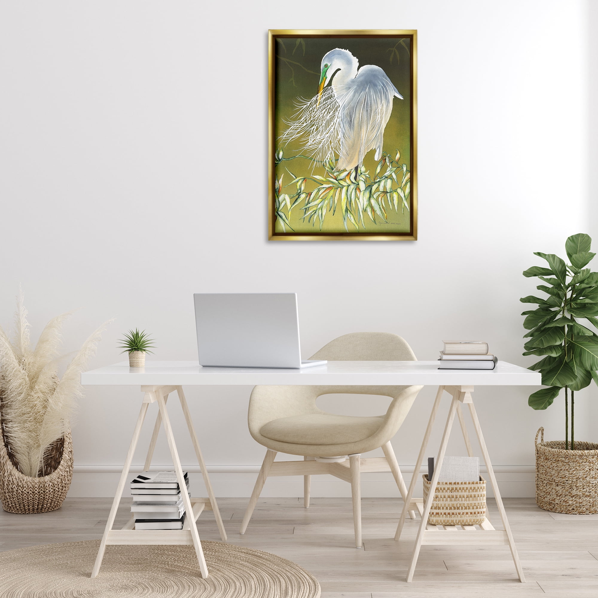 Stupell Industries Heron with Detailed Feathers Animals & Insects Painting Gold Floater Framed Canvas Art Print Wall Art, 21 x 31