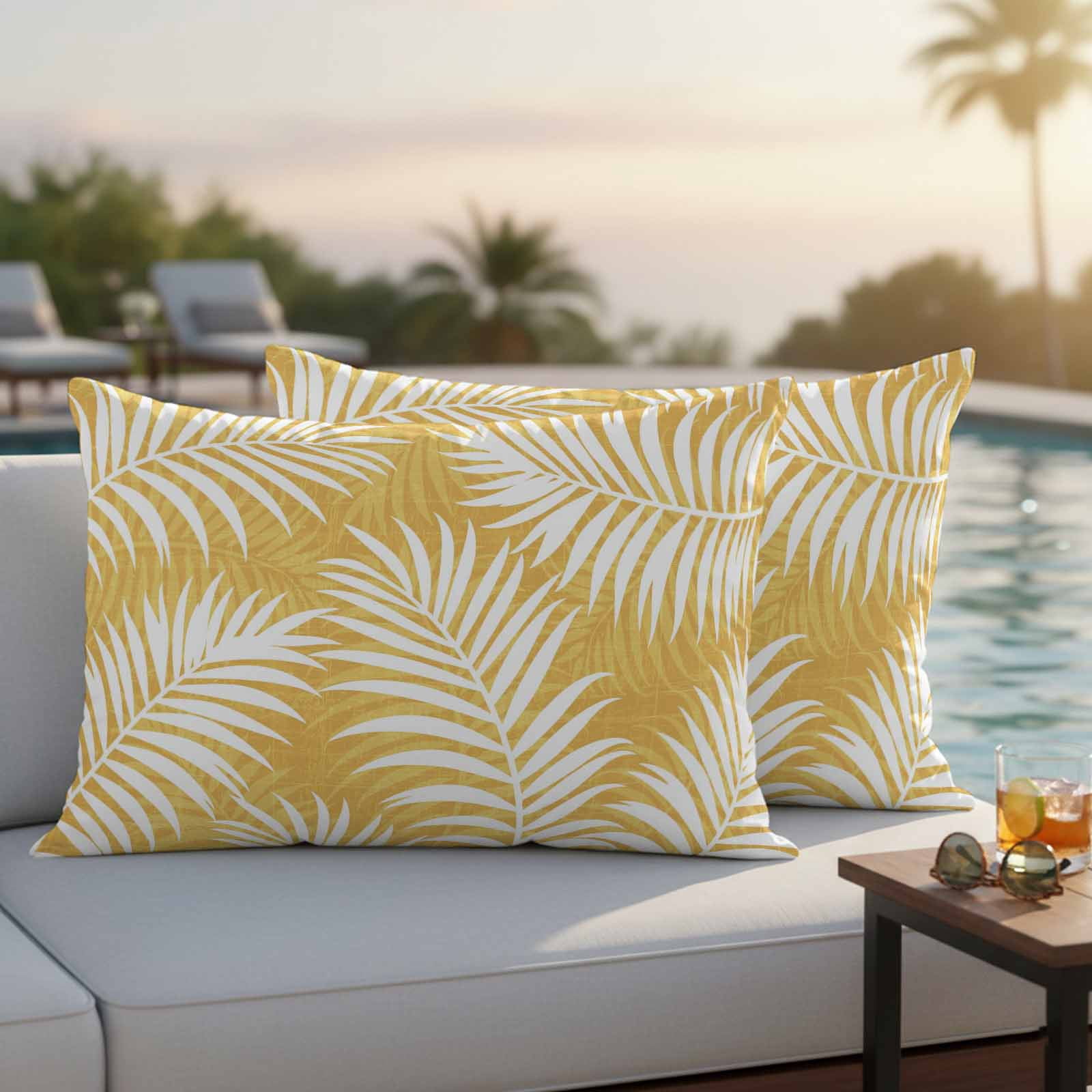 Outdoor Waterproof Throw Pillow Covers Set of 2 Summer Palm Leaves Decorative Pillowcases Lumbar Outdoor Pillows Cushion Case 20x12 Inch Yellow Tropical Leaf Plant Patio Pillows for Couch Sofa Bed
