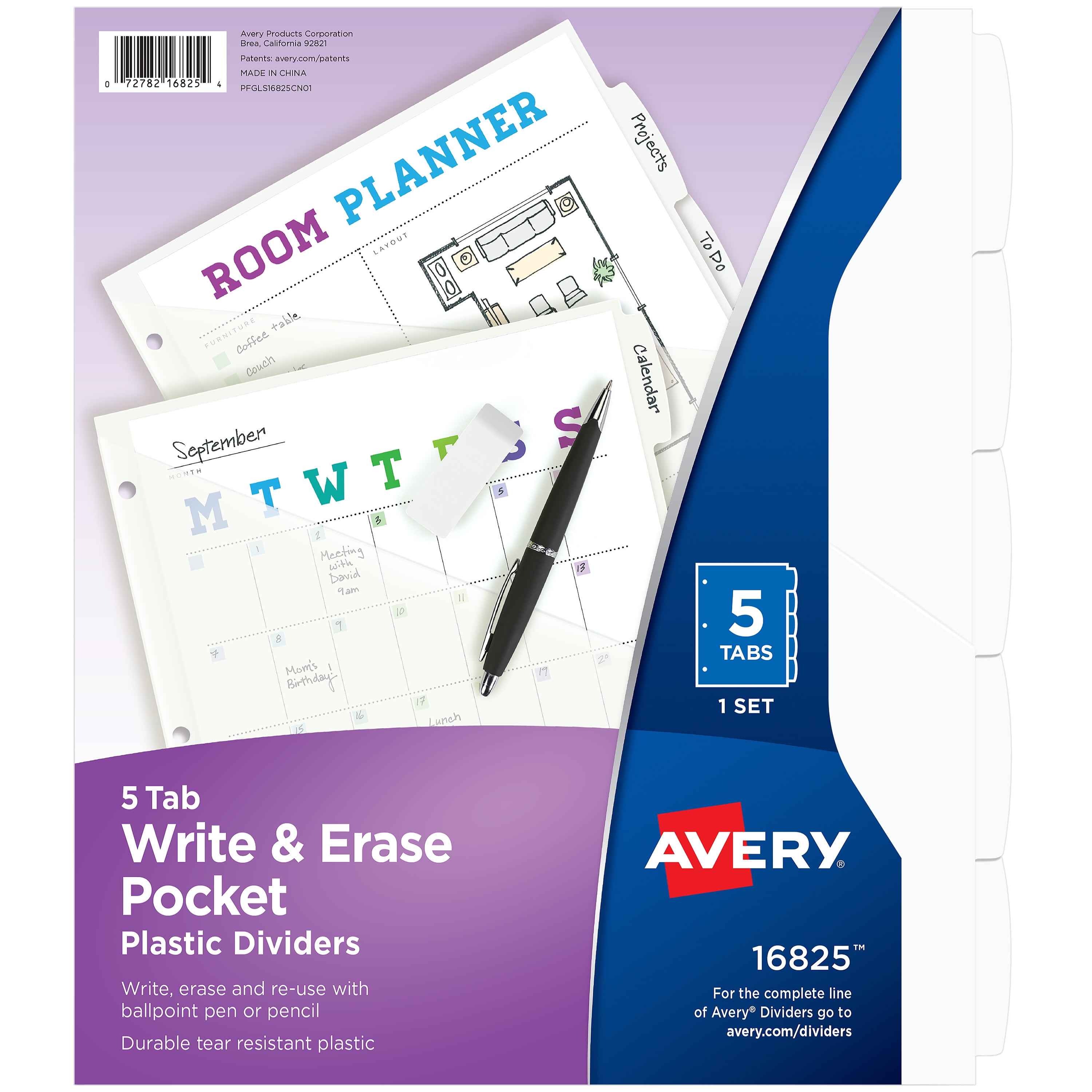 Avery 16825 Five-Tab Write and Erase Pocket Plastic Dividers - White (1 Set)