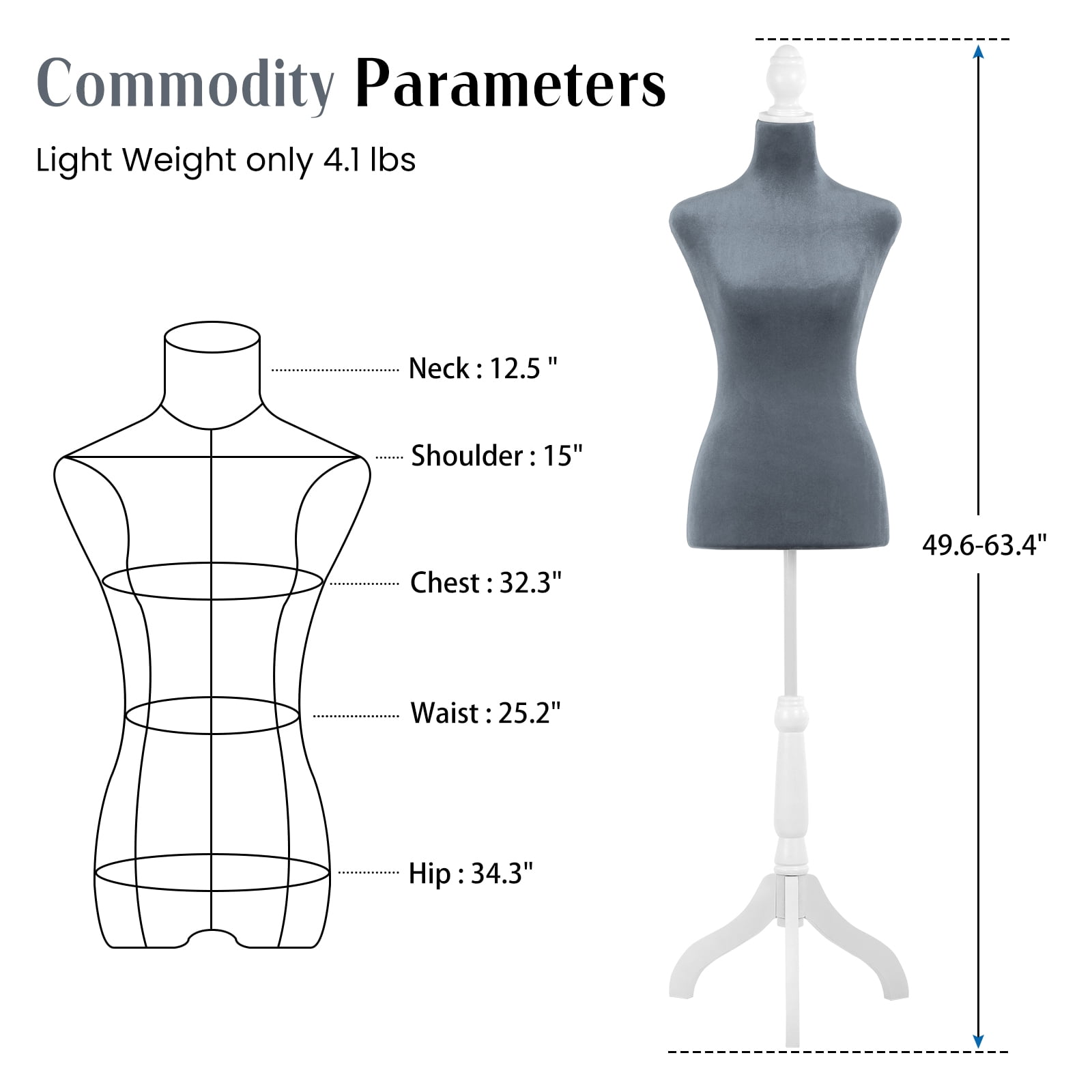 Dkelincs Female Mannequin Torso with Wooden Tripod Stand Adjustable Dress Form for Dress Jewelry Display, Grey