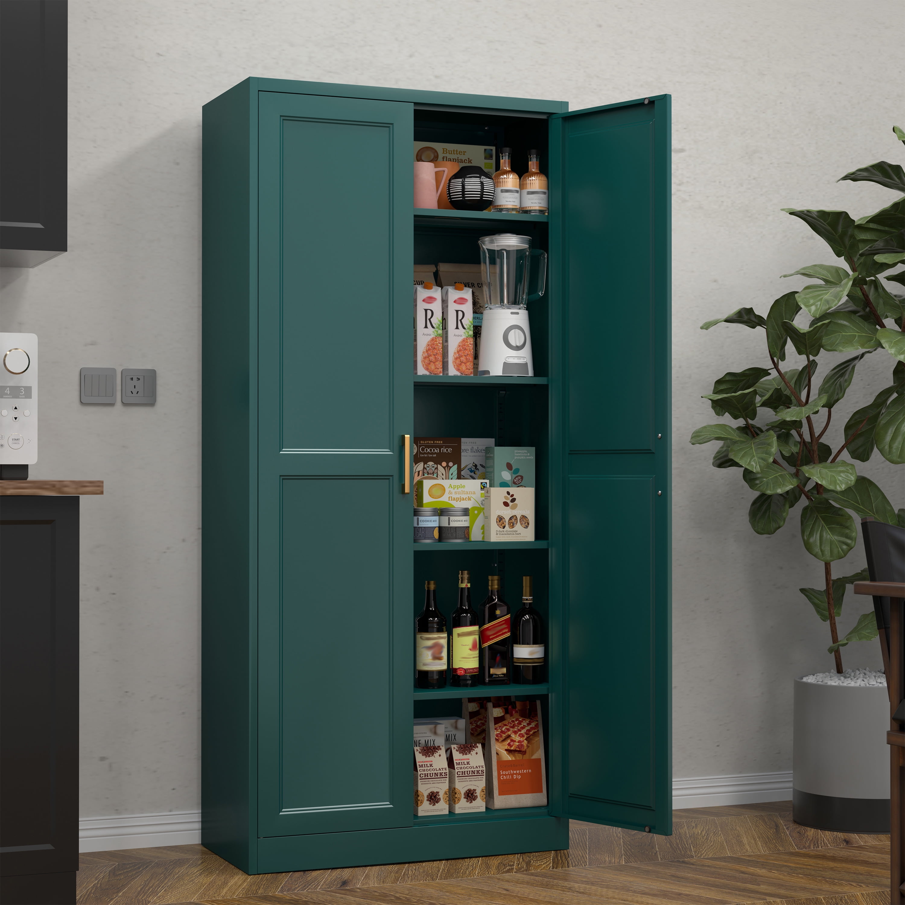 Polup 71" Height Metal Green Storage Cabinet, Modern Tall Steel Pantry Cupboard with 2 Doors and Adjustable Shelves for Kitchen Garage and Home