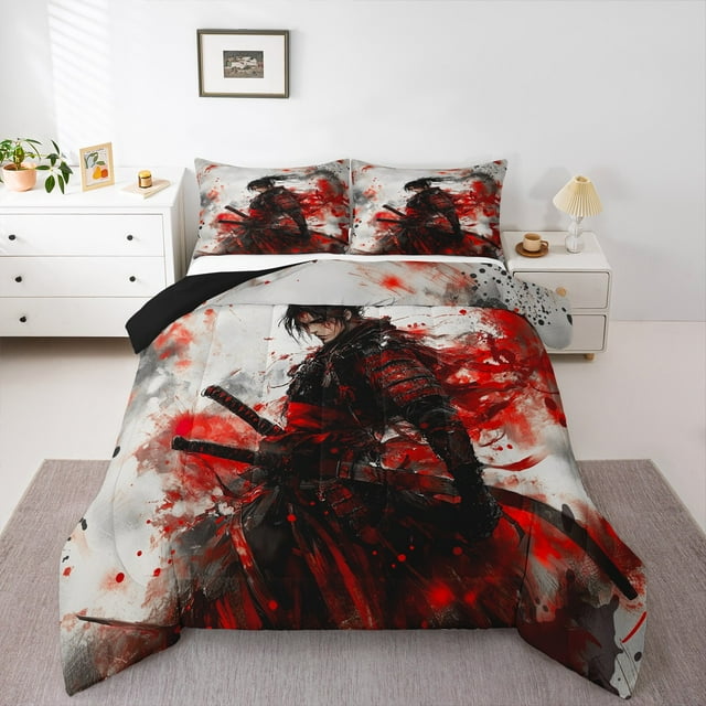 Erosebridal Ensembles de Literie Anime Samouraï Simple avec Couette, Ensemble de Literie Samouraï Tokyo Simple avec Couette, Insert de Couette Réversible Style Japonais, Décor de Chambre Respirant, 2 Pcs