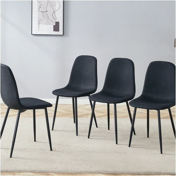 JERFIT Modern Dining Chairs Set of 4, Black Linen Upholstered Side Chairs with Sturdy Metal Legs for Kitchen, Dining Room, Restaurant