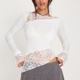 thumbnail image 2 of Top de manga larga con retazos de encaje, cuello redondo, ajustado, camisa de encaje informal para mujer a la moda para fiesta diaria, Blanco S, 2 of 6