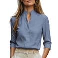 thumbnail image 2 of thefmos Women Fall Winter High Neck 3/4 Sleeve Button Down Blouses Casual Business Work Slim Shirt Basic Office Tops, Blue L, 2 of 7