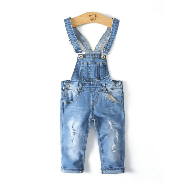 KIDSCOOL SPACE Salopette en Denim Déchirée pour Petite Fille Ou Petit Garçon, Taille 3T,.