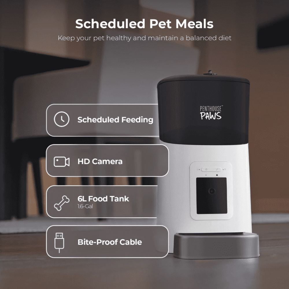 Penthouse Paws Automatic Pet Feeder for cats and dogs, 6 L capacity, HD camera, 2 way audio, white