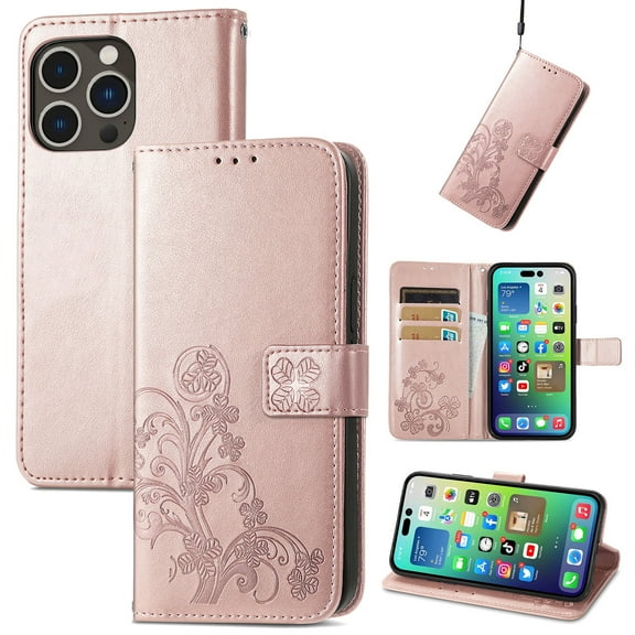 for iPhone 16 Pro Max Wallet Case, [Flower Embossed] Premium PU Leather Flip Protective Case Cover with Card Holder and Stand with Wrist Strap for iPhone 16 Pro Max, Rosegold