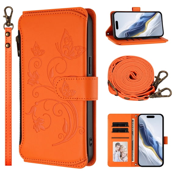 Case for iPhone 13 Pro, PU Leather TPU, with Crossbody Strap Wrist Strap, Zipper Pocket Card Slots and Cash Pocket Magnetic Clasp Kickstand Embossed Women Girls Wallet Case, Orange