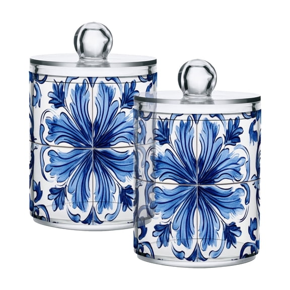 Symmetrical Blue Flower Patten Tile Translucent Plastic Cans Storage Canisters with Lid Set of 2