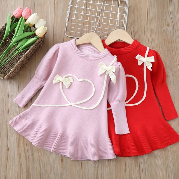 Godderr Baby Toddler Sweet Sweater Dress for Girls 1-5Y Fall Winter Knit Sweater Skirt Ruffled Heart Knitwear Latest Soft Skirt Outfit