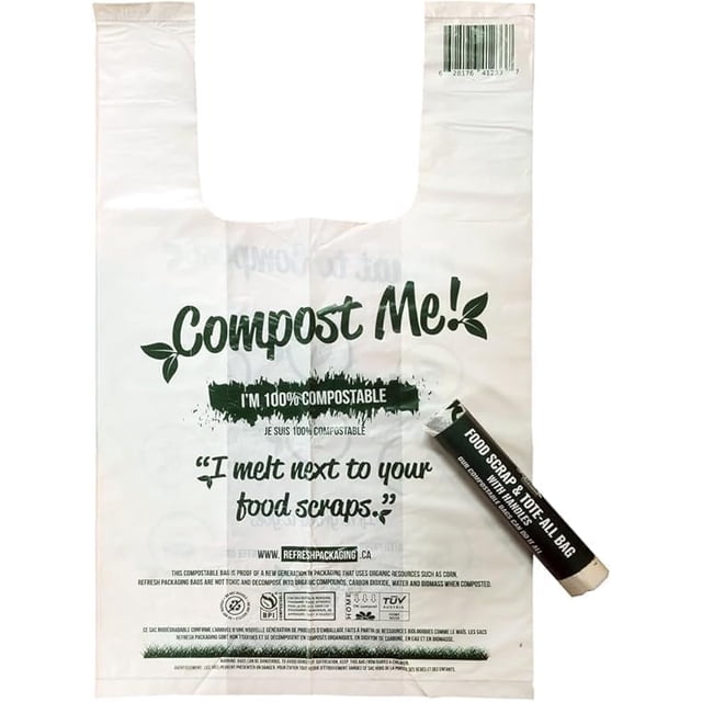 Refresh Packaging Compost Bags - 100% Certified Kitchen Garbage Bag for Shopping & Grocery - Green Bin Bags with Handles