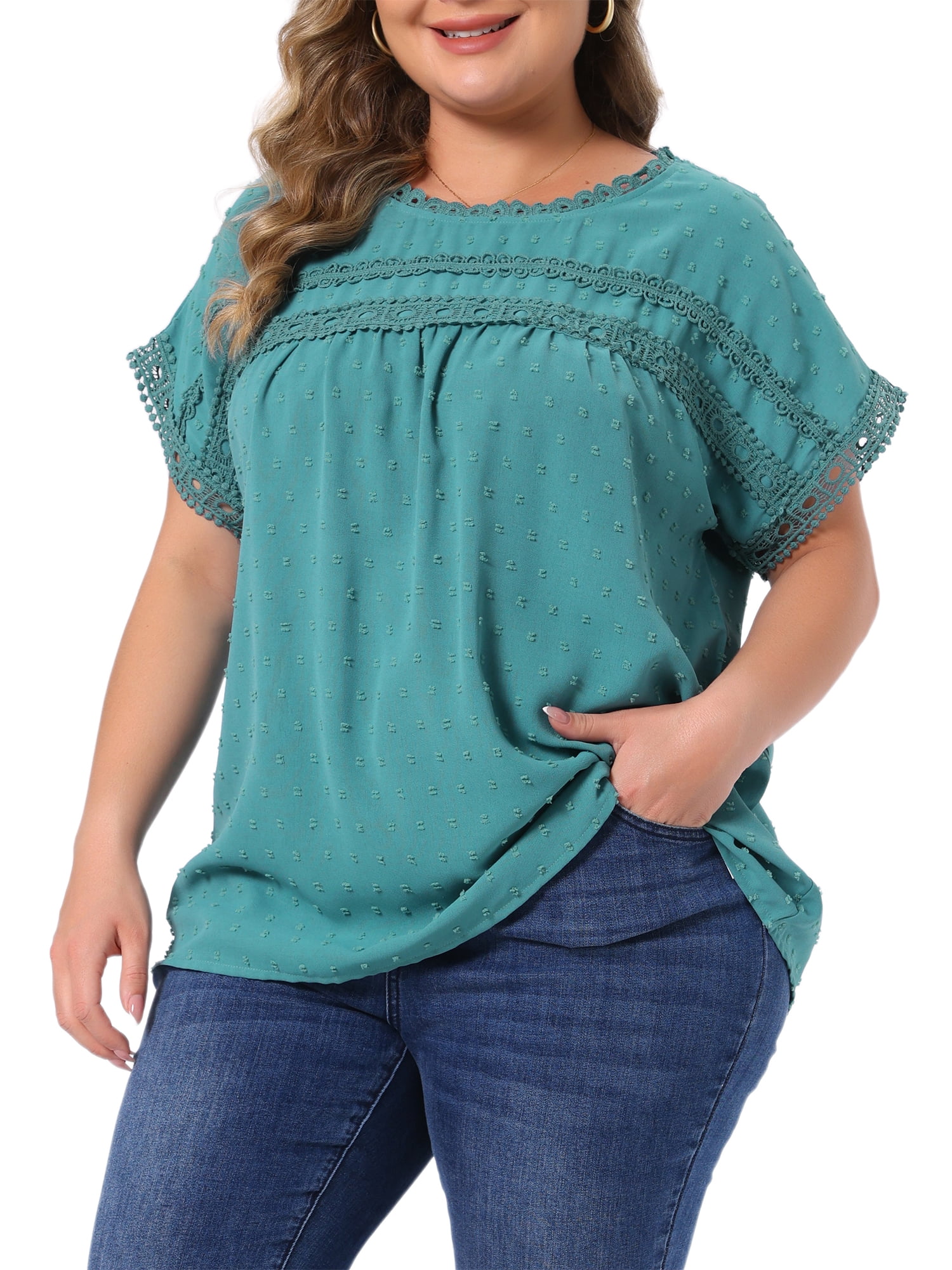 DARING DIVA Women's Plus Tops with Swiss Dots Crew Neck  Casual Blouses 3X Lake Blue