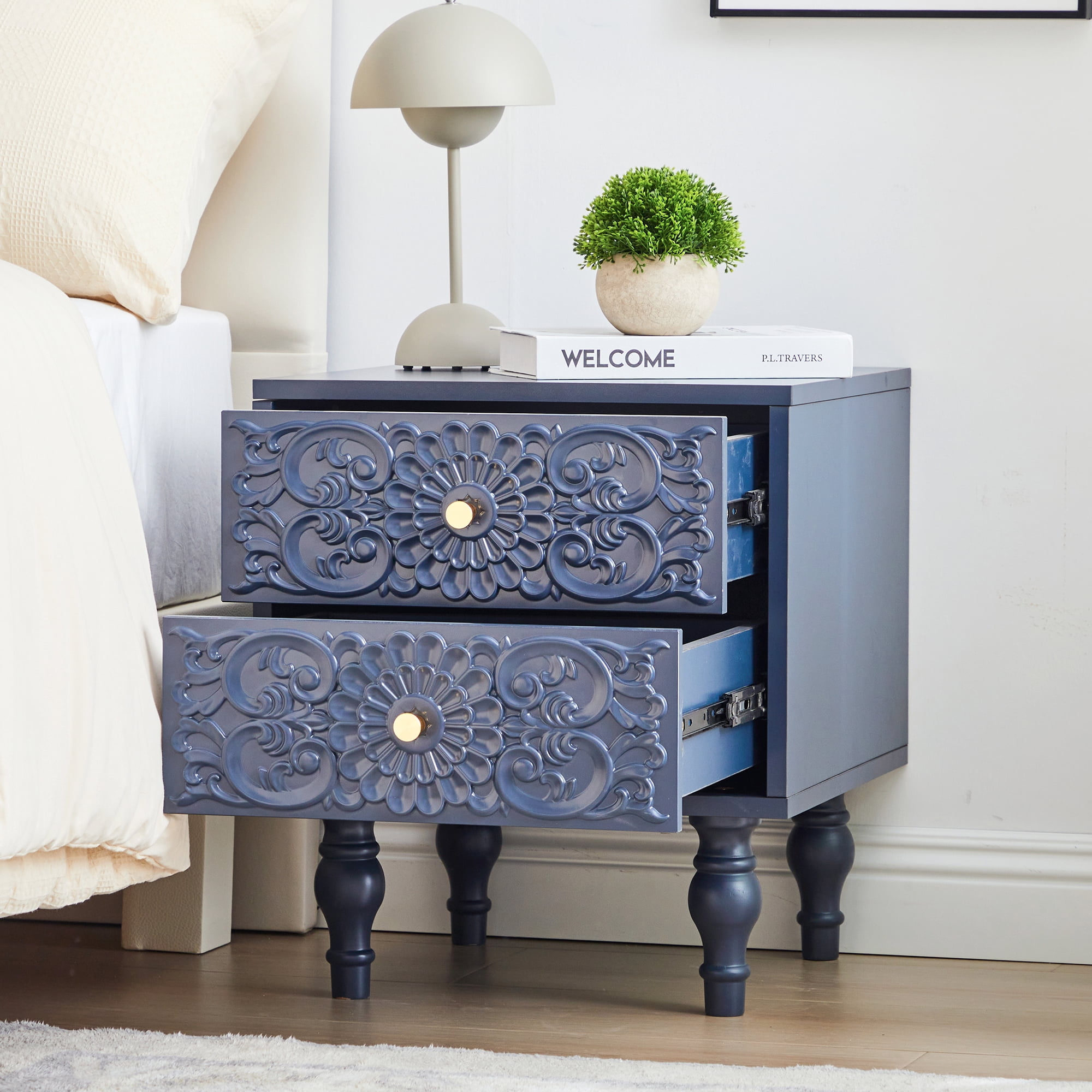 Wirrytor Vintage Short Nightstand with 2 Drawers, Bedside Table 2 Drawer Dresser with Embossed Pattern, Storage End Table with Wooden Legs for Bedroom & Living Room,Blue