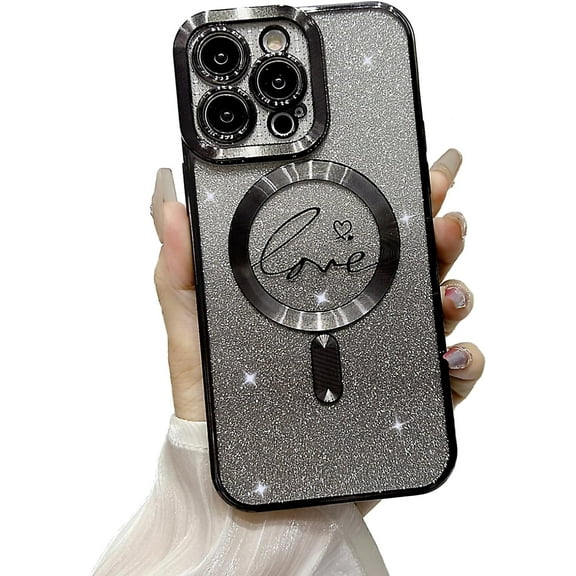 for iPhone 13 Pro Max Magnetic Case Compatible with MagSafe, Luxury Love Heart Pattern Plating Clear Phone Case Camera Protection Glitter for Women Girls Shockproof Slim Back Bumper 6.7"-Black