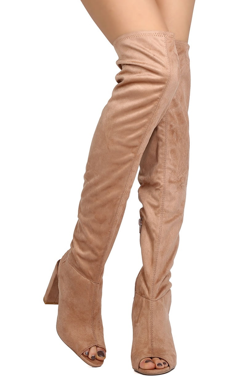 Qupid GK27 Women Faux Suede Over The Knee Peep Toe Chunky Heel Boot Qupid GK27 Women Faux Suede Over The Knee Peep Toe Chunky Heel Boot