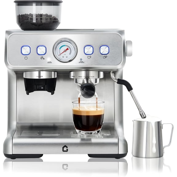 Stainless Steel Espresso Machine with Grinder - 20 Bar Coffee Maker with Milk Frother Steam Wand and 2.8L Water Tank for Latte and Cappuccino