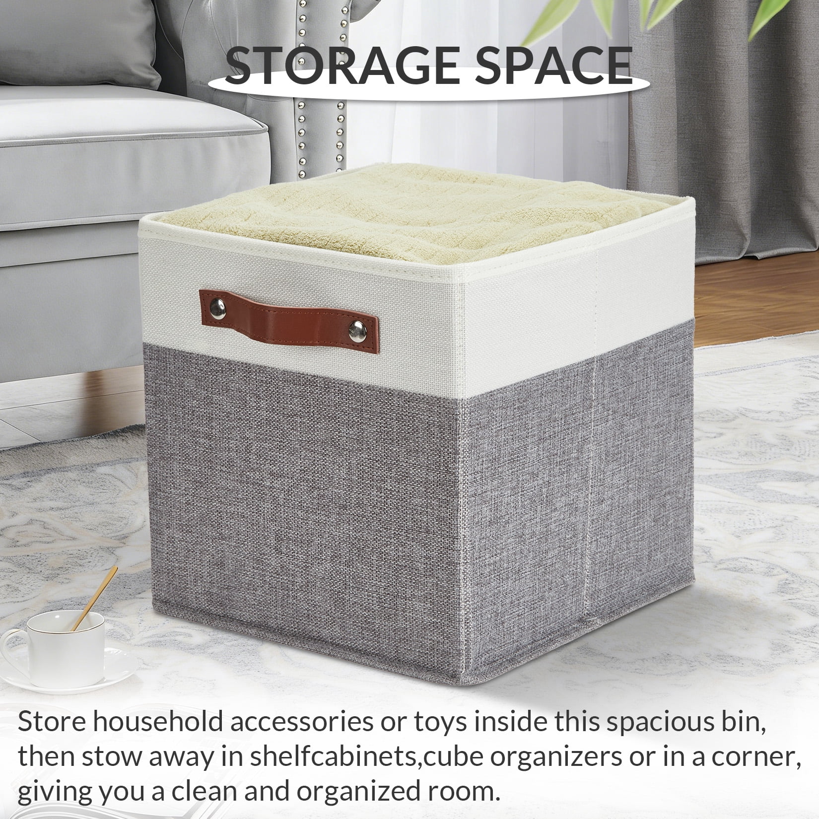 DSstyles Home 13 x 13 Storage Cube Bins, Foldable Collapsible Fabric Storage Bins Box Linen Shelf Basket Cube Organizer for Closet with Leather Handles, 6 Pack White and Gray