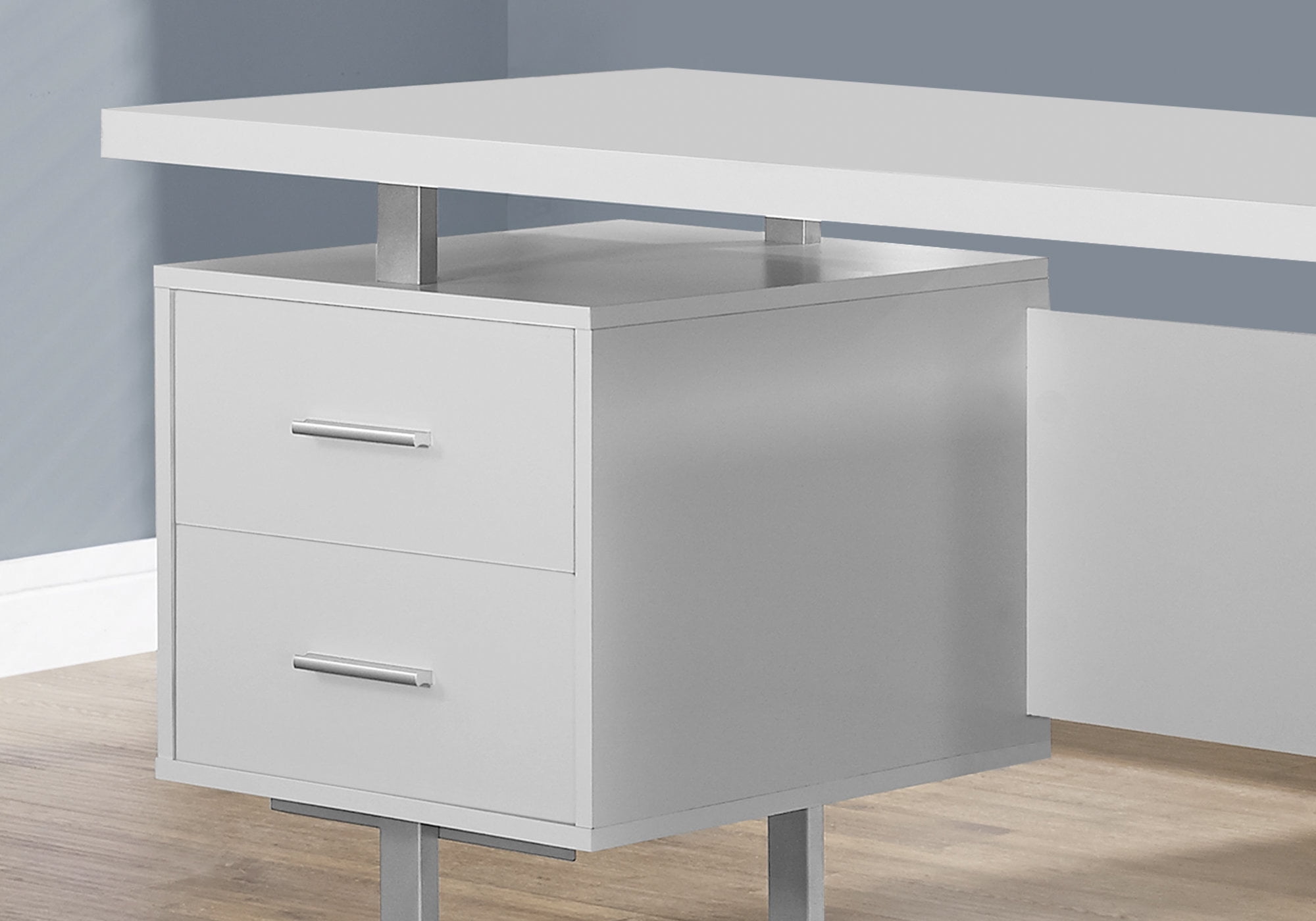 Computer Desk - 3 Storage Drawers / Reversible / Floating Desktop - 60"L - White / Silver
