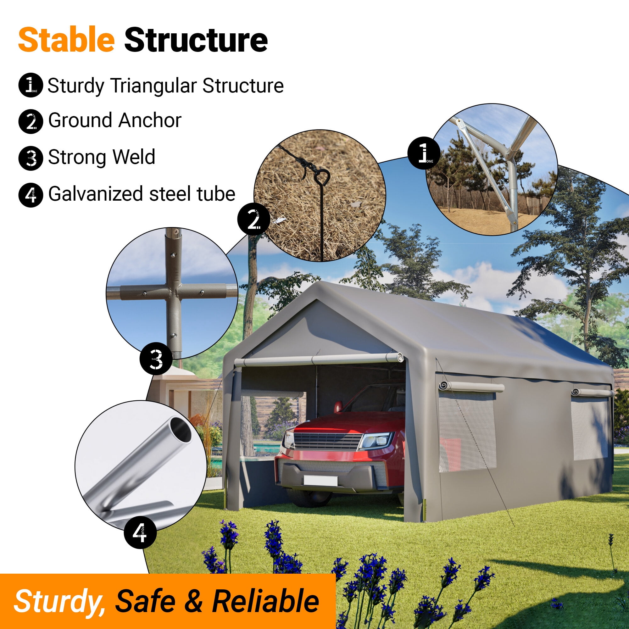 Residential Carports, Carport Canopy 10x20 FT Heavy Duty Boat Car Canopy Garage with Removable Sidewalls and Roll-up Ventilated Windows, Grey Outdoor Carports,Metal Portable Carports