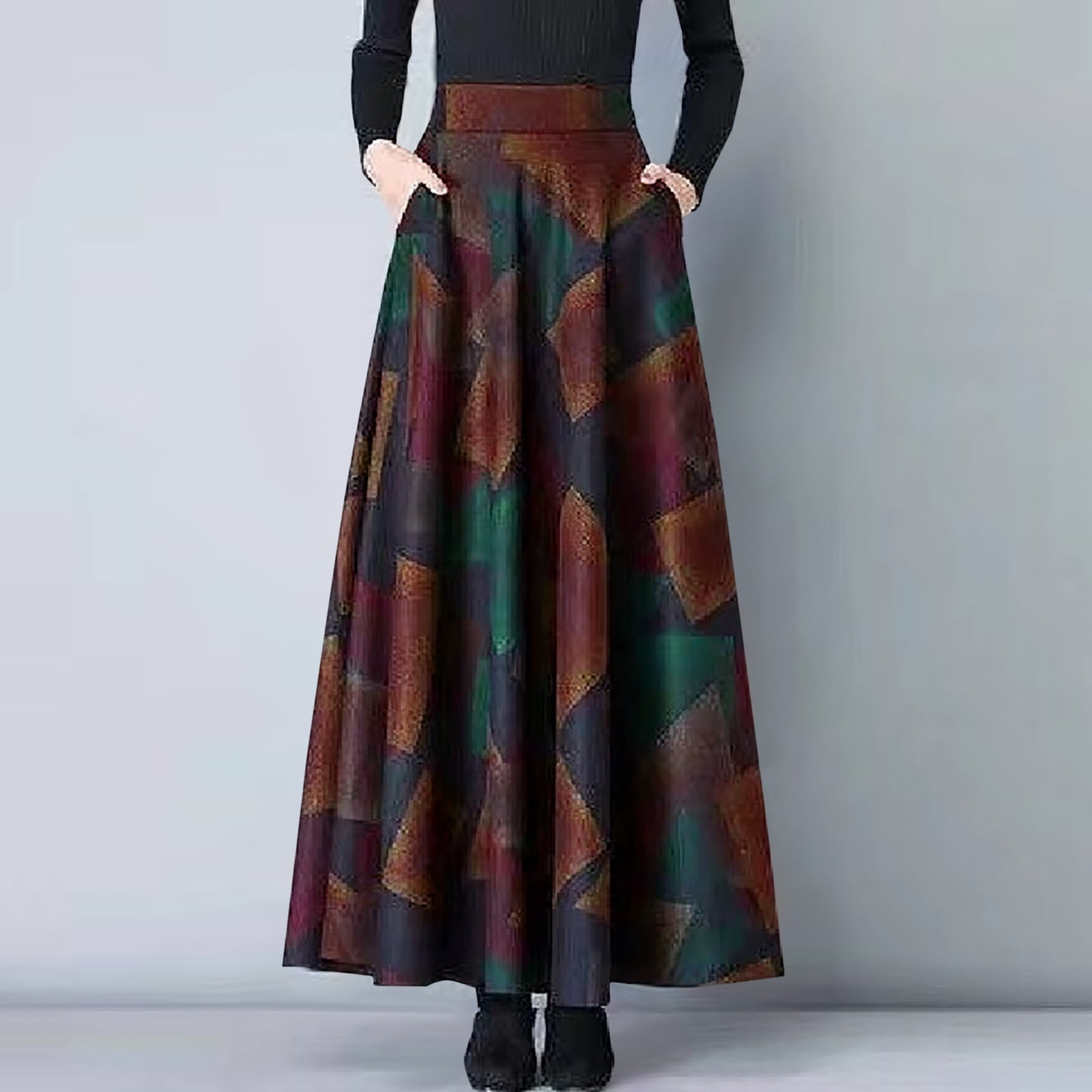 pbnbp Womens High Elastic Waist Maxi Skirt Floral Print A Line Vintage ...