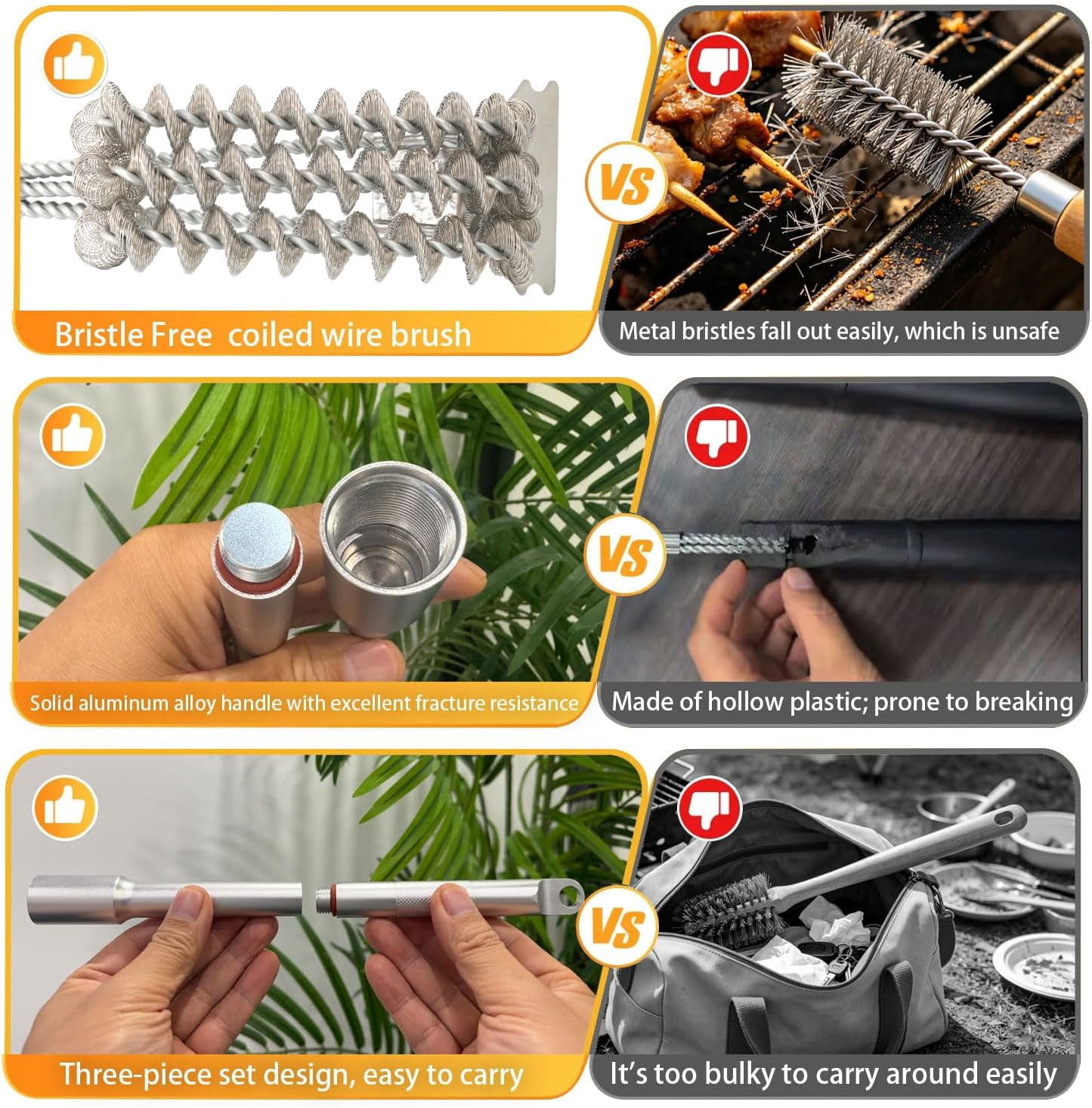 SWAZVAC 3-in-1 Bristle-Free Stainless Steel BBQ Grill Cleaner with Scraper, Detachable Aluminum Handle & Lockable S-Hook