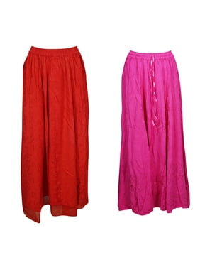 Mogul 2 Pc Women's Long Skirts Embroidered Rayon Solid A-Line Casual Boho Maxi Skirt