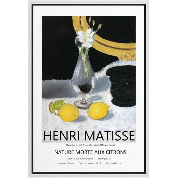 PixonSign Framed Canvas Print Wall Art Henri Matisse Still Life with Lemons Flowers Classic Vintage Illustrations Fine Art Decorative Multicolor for Living Room, Bedroom, Office - 16"x24" WHITE