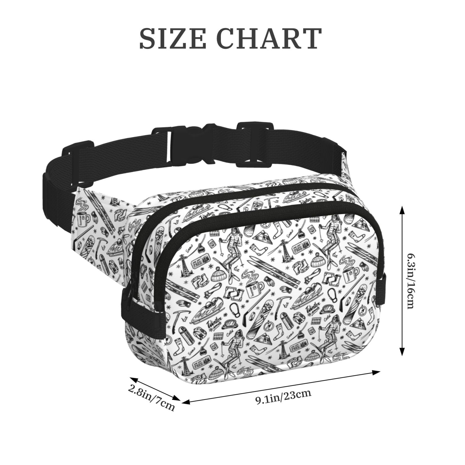 Picia winter Ski Element Print Square Double-Layer Waist Bag Mini Adjustable Waist Belt Bag Exercise Running Travel Hiking