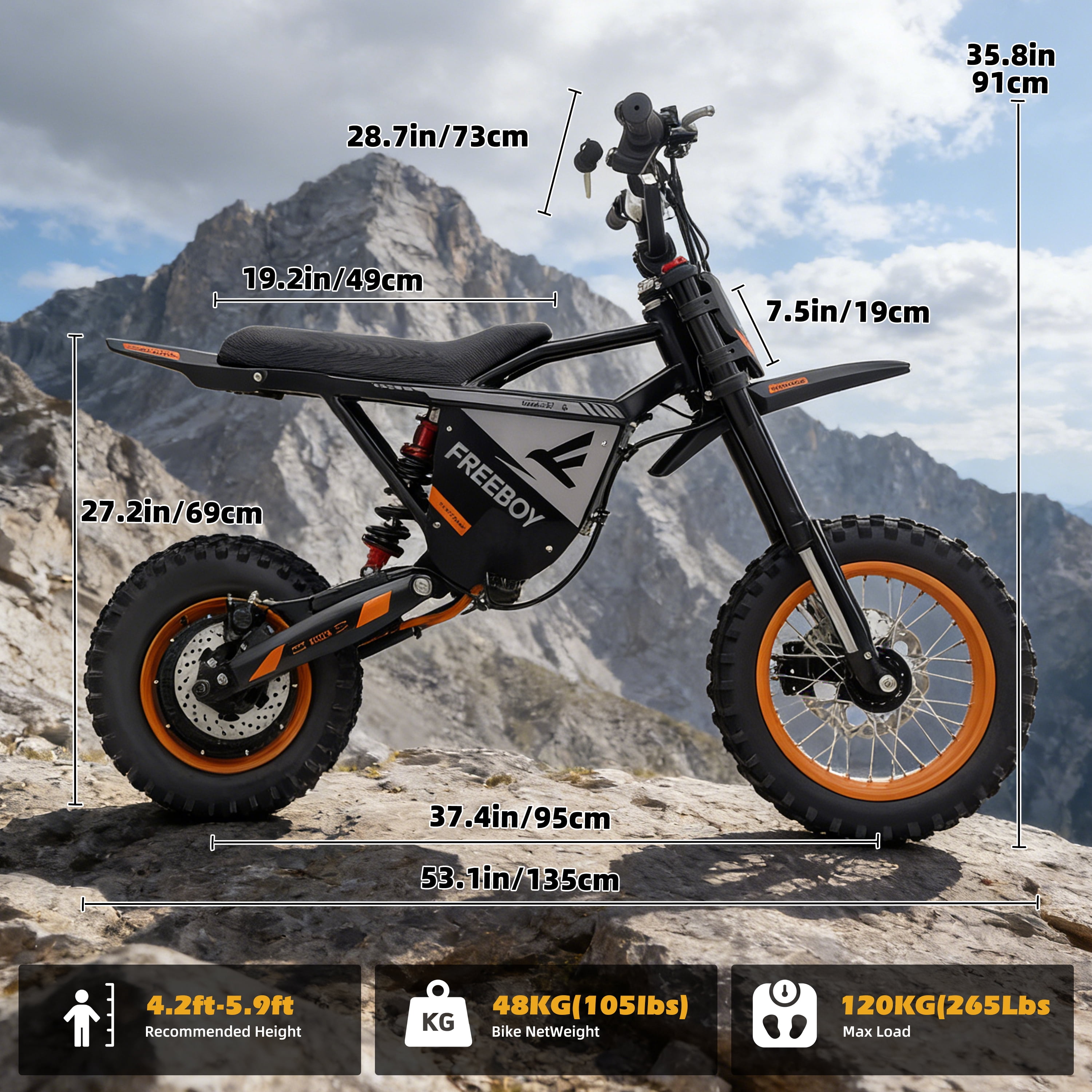 Electric Dirt Bike for Teens Adults, Rear hub Motor 3000W Peak, Electric Motorcycle 48V 30Ah Battery, 35 MPH Max Speed,  Dual Shock Absorbers