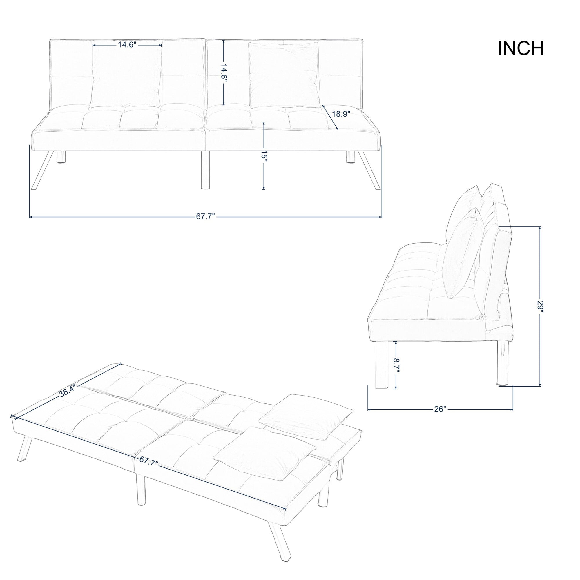 DEALTOPS 67" Convertible Futon Sofa Bed, 5-Angle Split-Back Sleeper with 2 Pillows for Small Spaces, Mustard Yellow