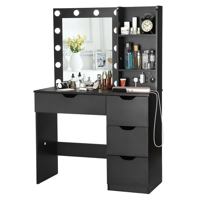 35.4" Vanity Desk with Mirror & Lights, 4 Drawers, 3 Shelves, Power Outlets