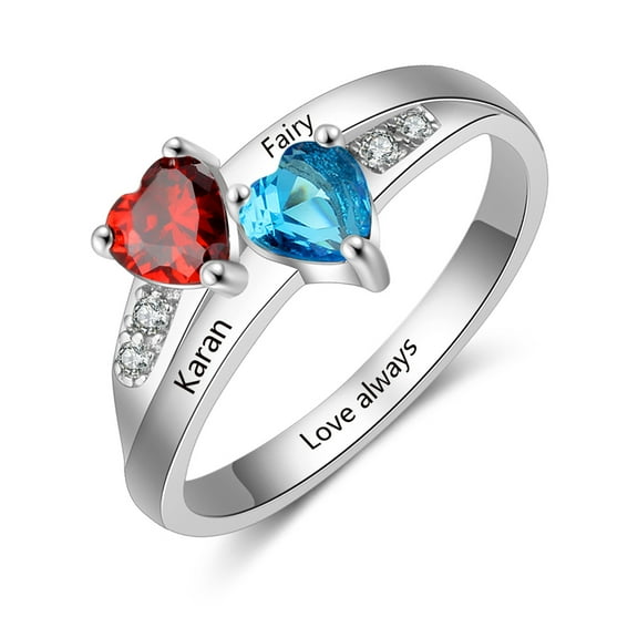 Mementos USA Personalized Family Mother's Ring  Sterling Silver with 2 Birthstone & Names