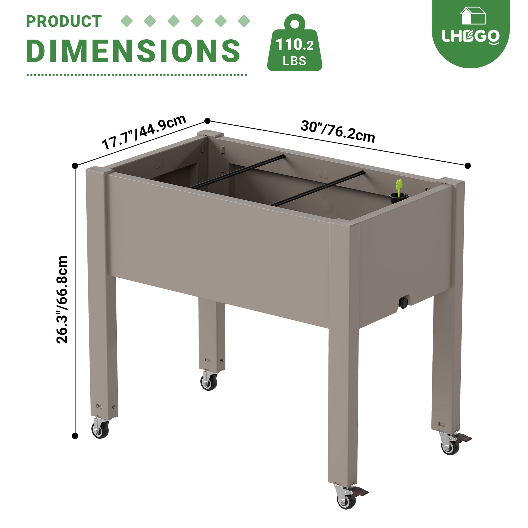 Nihsuao 30in Large Raised Garden Bed with Wheels, Outdoor Elevated Planter with Weatherproof Resin, Effective Drainage for Backyard, Patio and Balcony, Gray