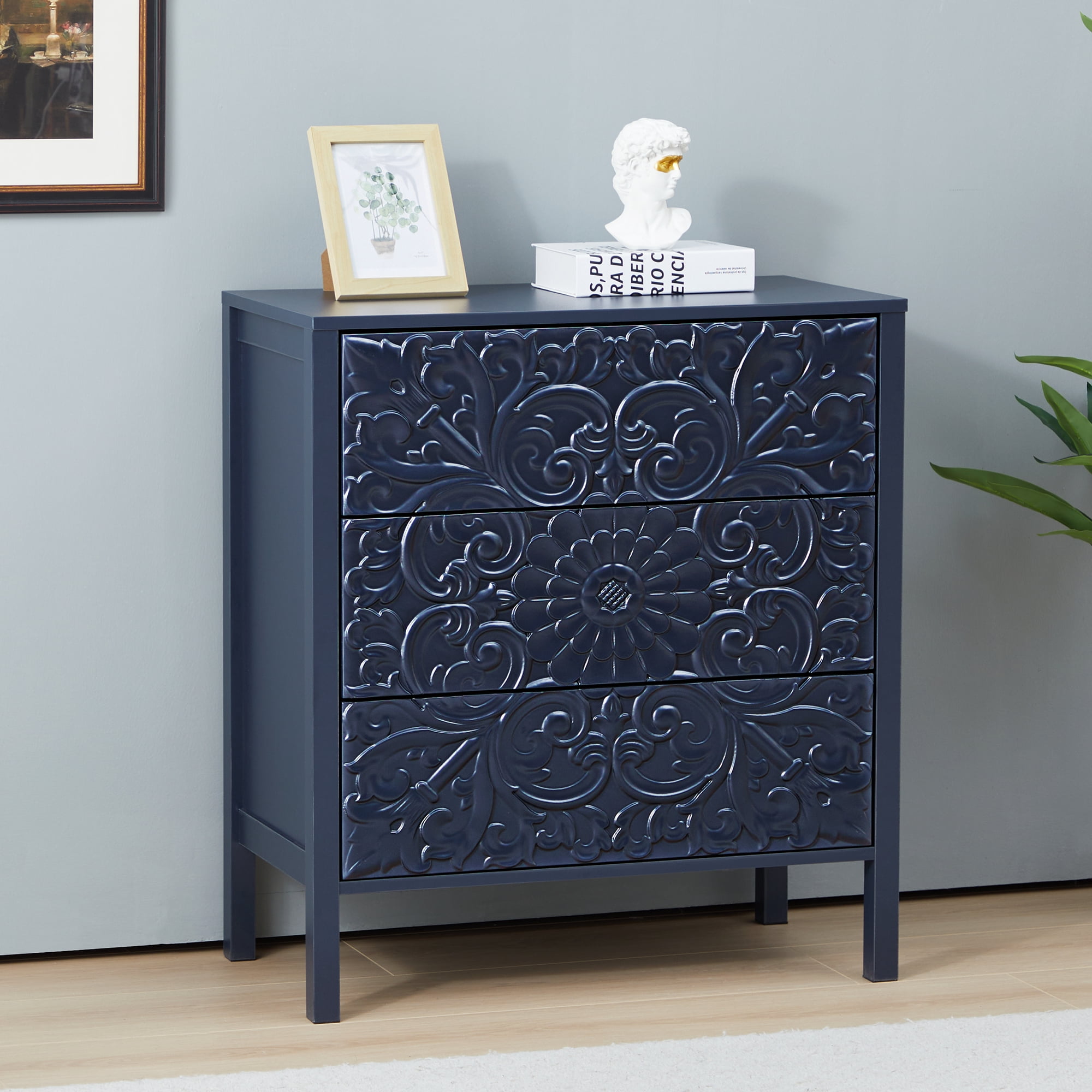Wirrytor 3 Drawer Dresser for bedroom, Modern Chest of Drawers with Handles, Accent Wood Storage Cabinet for Bedroom, Living Room and Kitchen (Blue 3-Drawers-1)