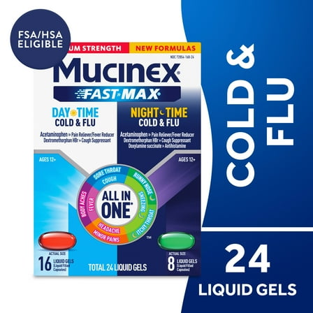 Mucinex Fast Max Cold and Flu Relief Liquid Gels, Maximum Strength Daytime (16 Count) and Nighttime (8 Count), Combo Pack
