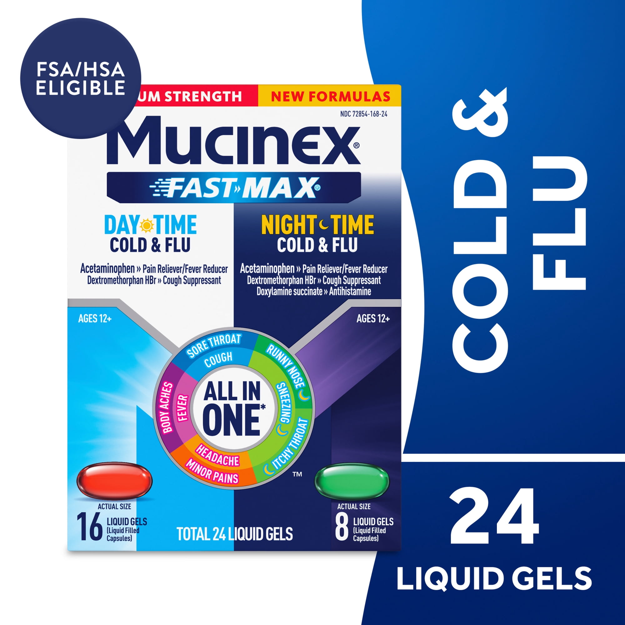 Mucinex Fast Max Cold and Flu Relief Liquid Gels, Maximum Strength Daytime (16 Count) and Nighttime (8 Count), Combo Pack