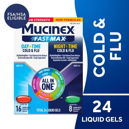 Mucinex Fast Max Cold and Flu Relief Liquid Gels, Maximum Strength Daytime (16 Count) and Nighttime (8 Count), Combo Pack