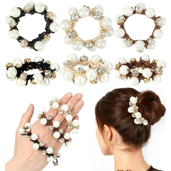 Monebena Pearl Hair Tie, 6 Pcs Elastic Pearl Scrunchies, Crystal Hair Scrunchies Pearl Ropes Hair Accessories Ponytail Holder for Women and Girls