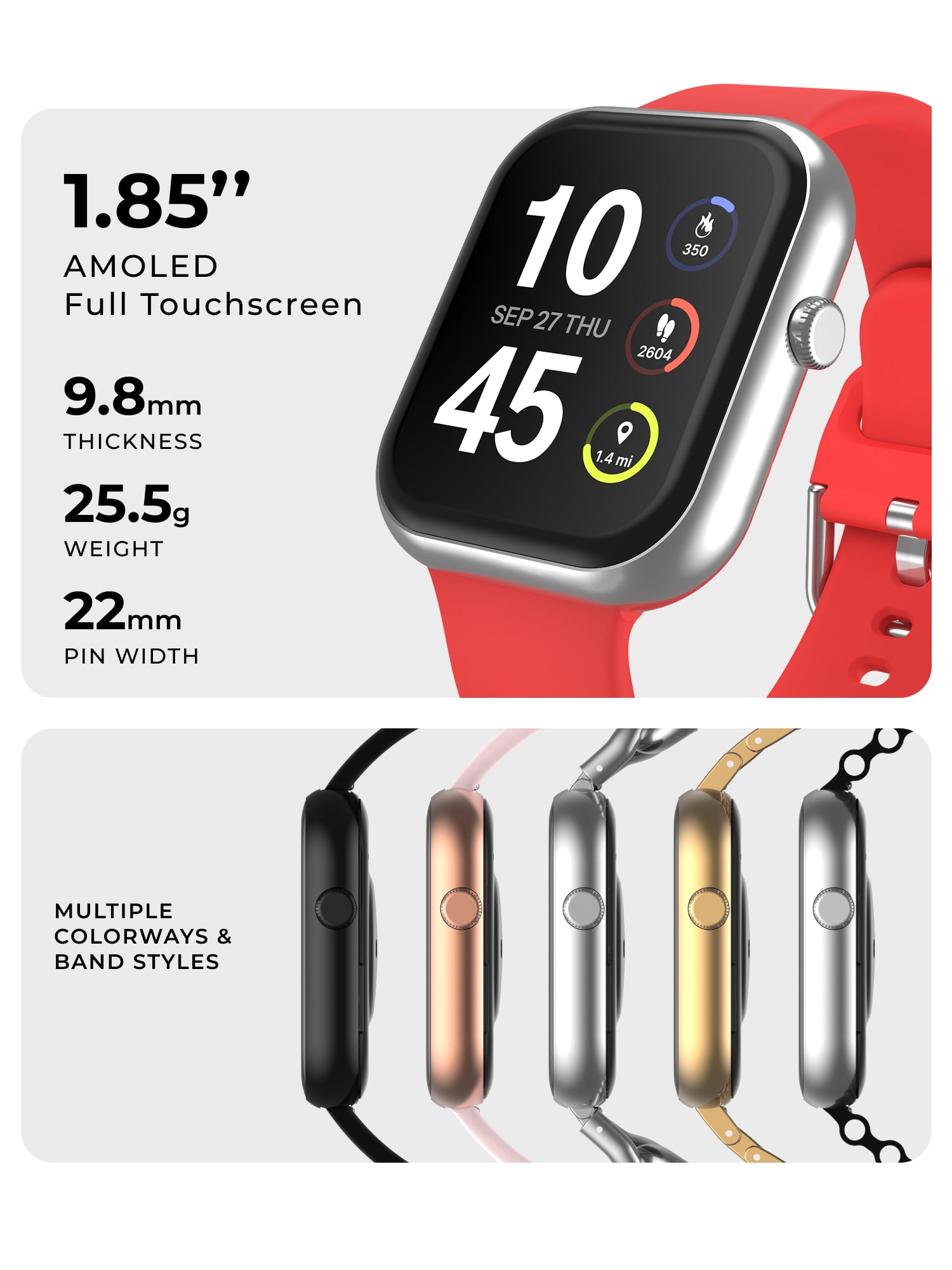iTech Fusion 4 Unisex Adult Rectangular Smart Watch, Silver, Red Silicone Strap