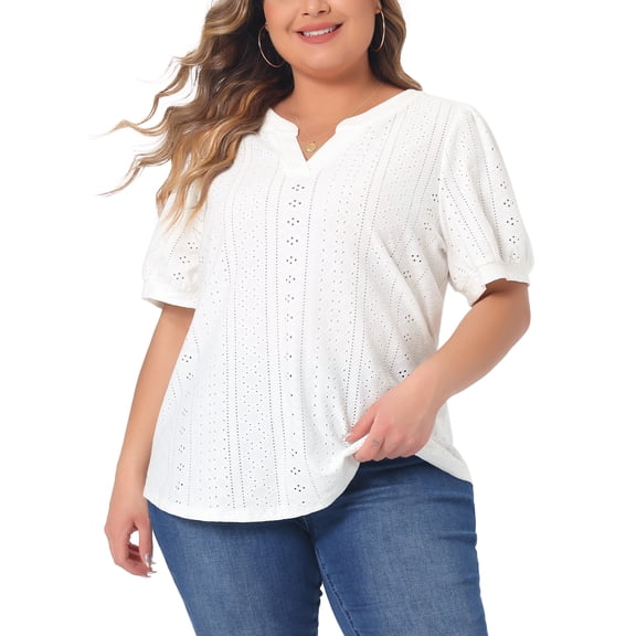 Women's Plus Tops Hollow Casual V Neck Short Sleeve Summer Blouse Shirts 1X White