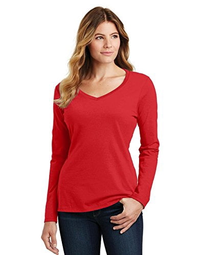 Port 1135692 Ladies Long Sleeve Fan Favorite V-Neck Tee, Bright Red - Small