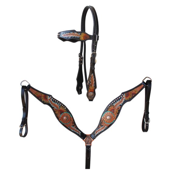 Horse Western Feather Tooled Browband Bridle & Breast Collar Set Brown 78FK01B